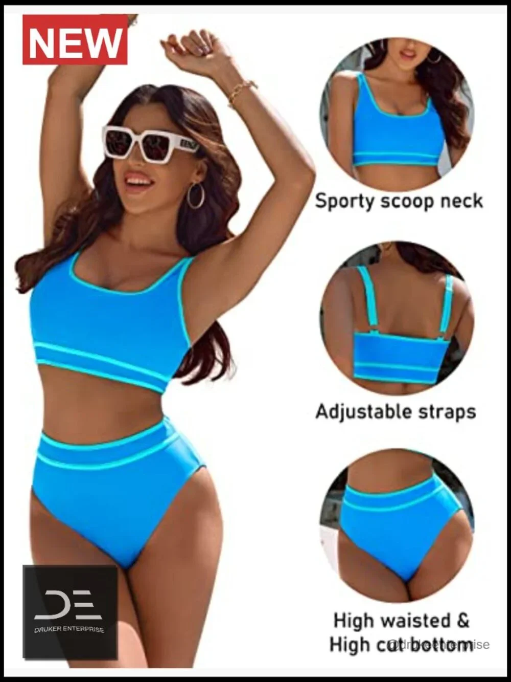 High Waisted Bikini Set Sporty Two Piece Tummy Control Swimsuit with Adjustable